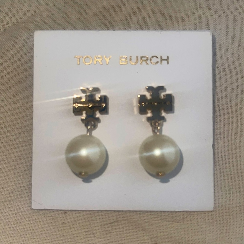 Tory Burch logo pearl drop earrings